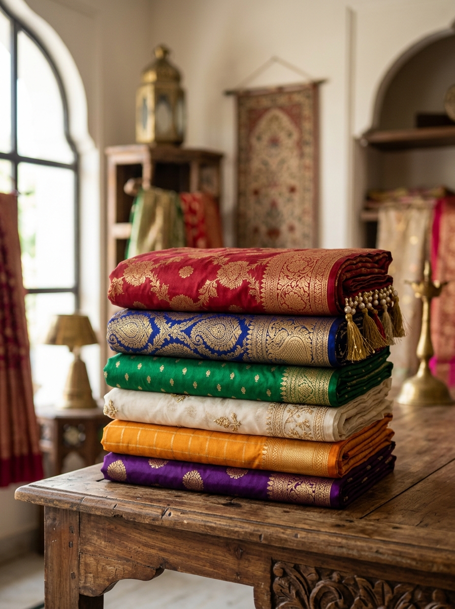 Neatly folded handwoven silk sarees with gold zari borders at Sapphire boutique