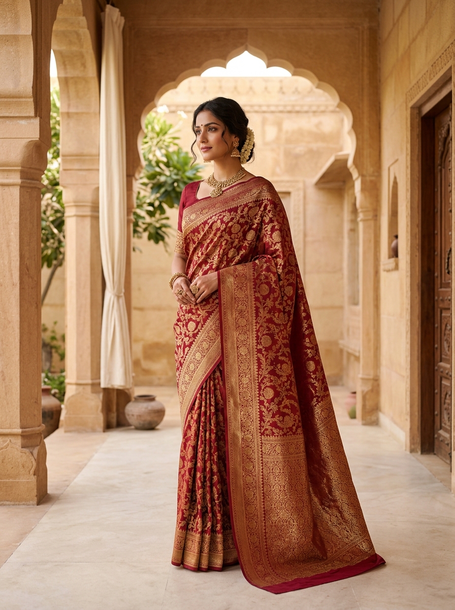 Graceful Indian woman wearing a crimson sindoor and antique gold zari silk saree from Sapphire Kharghar