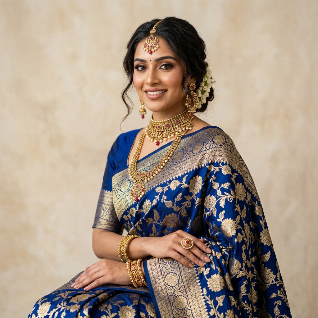 Look 03: Royal Sapphire Blue Banarasi Katan Silk Saree with Gold Zari