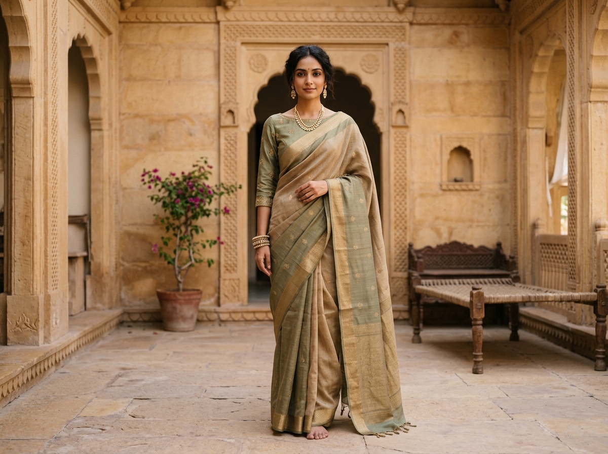 Look 06: Earthy Sage and Beige Handloom Linen and Chanderi Silk Saree with Zari Border