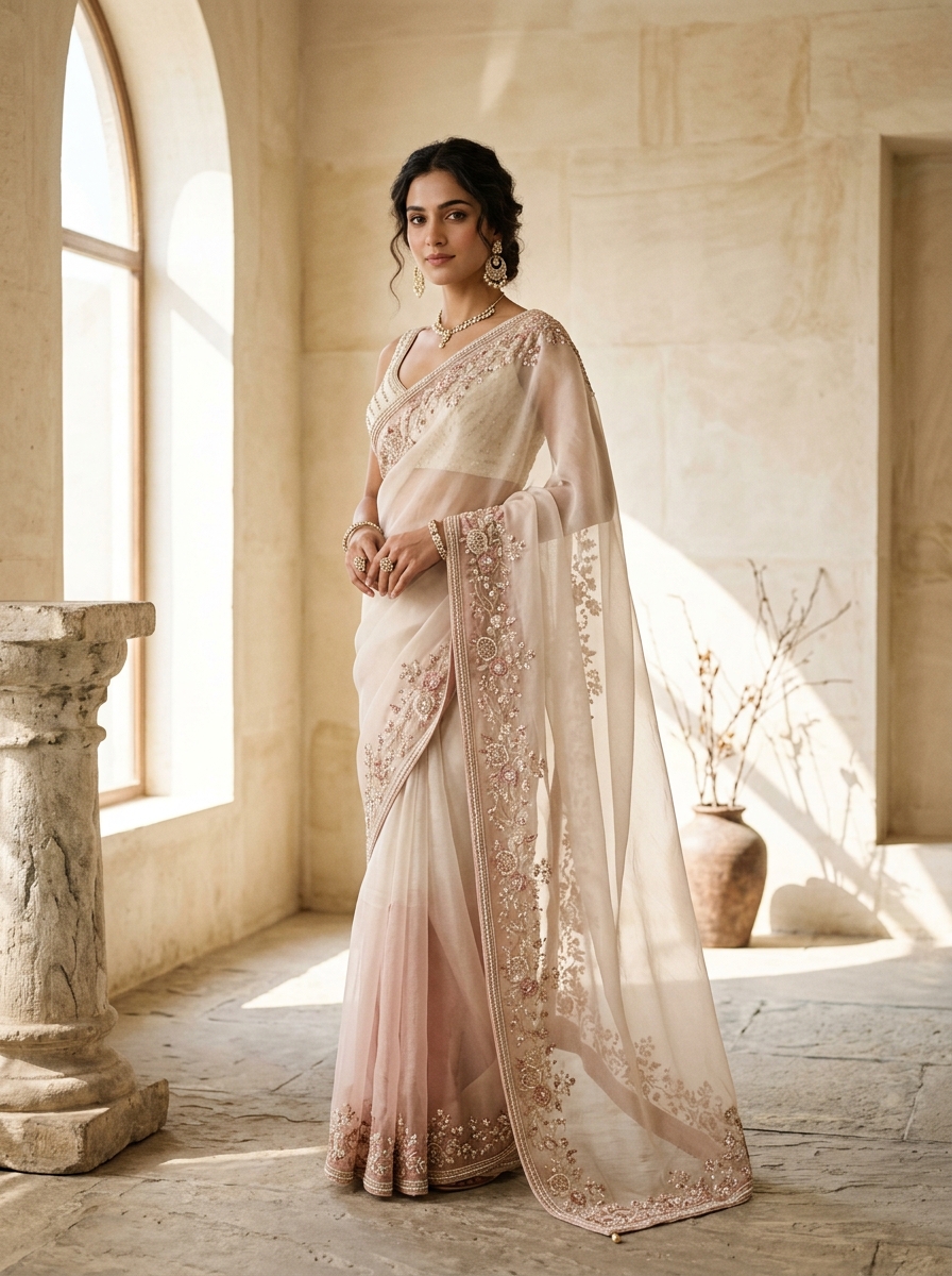 Look 02: Ivory and Dusty Rose Embroidered Organza Saree
